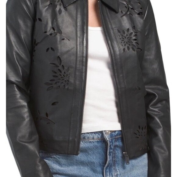 Bod & Christensen Laser-Cut Black Leather Jacket Floral Design Size XL New - Picture 7 of 7